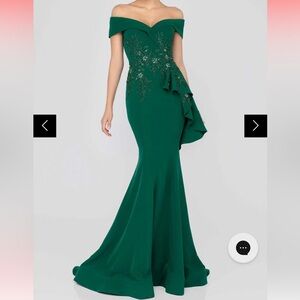 Terani Couture Off Shoulder Side Drape Peplum Mermaid Gown